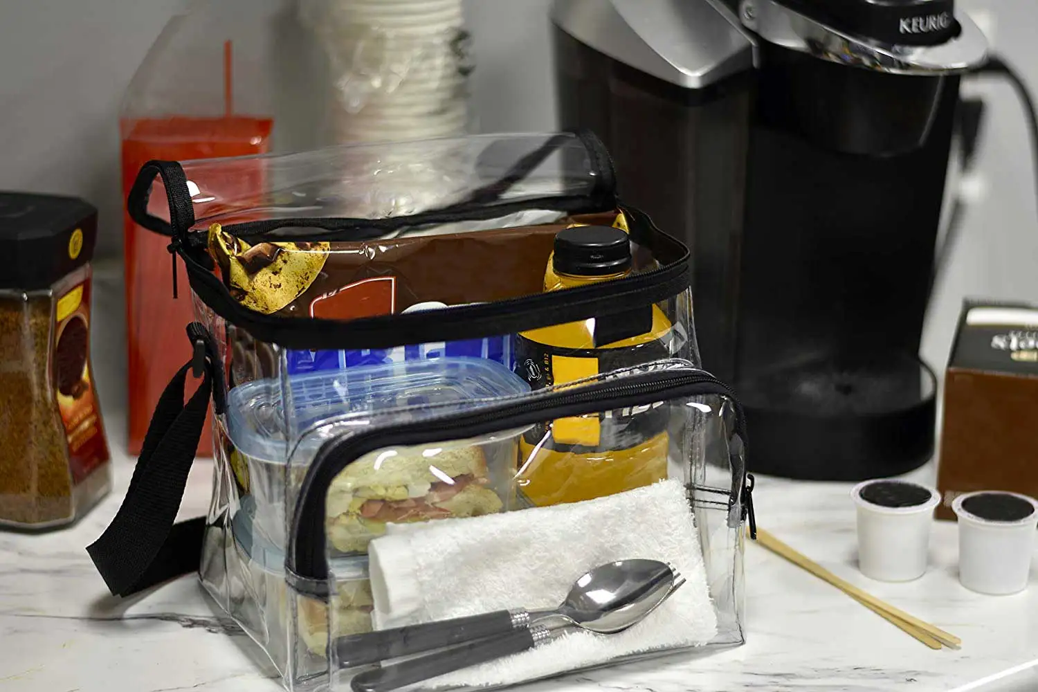 Durable adjustable shoulder strap handle travel bag transparent pvc lunch for school stadium