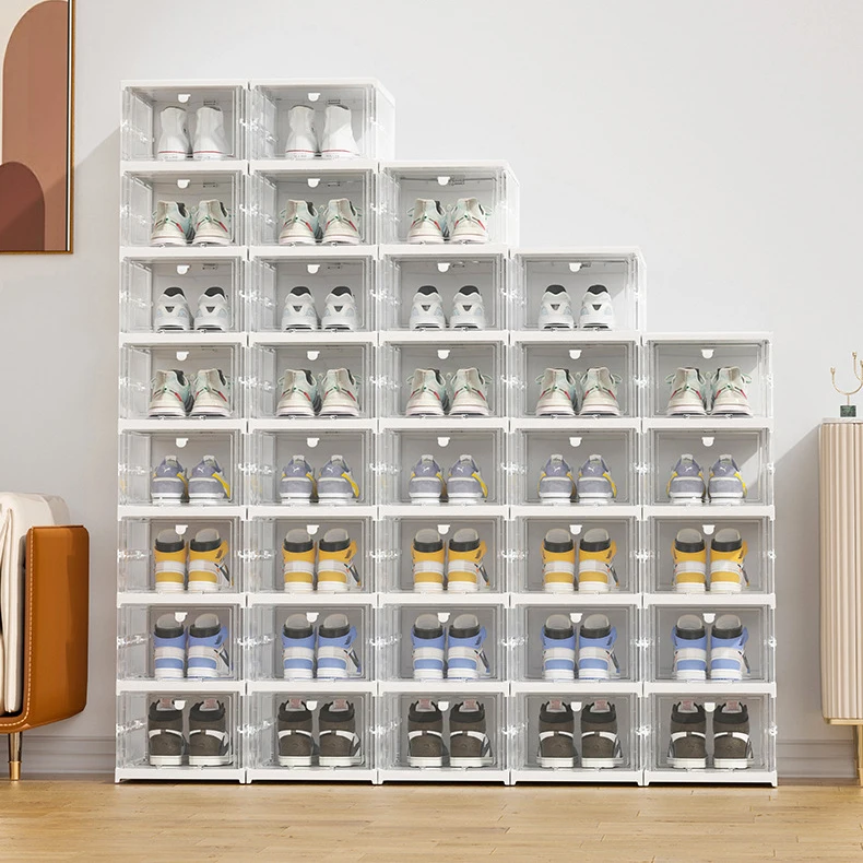 High Quality Plastic Foldable Shoe Storage Container Clear Stackable Drop Front Shoe Box