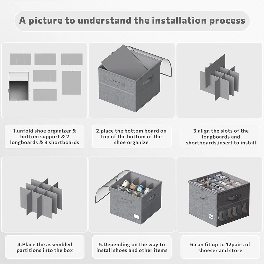 Custom Foldable Fabric Shoe Organizer Closet Fabric Shoe Storage Box with Pvc Lid