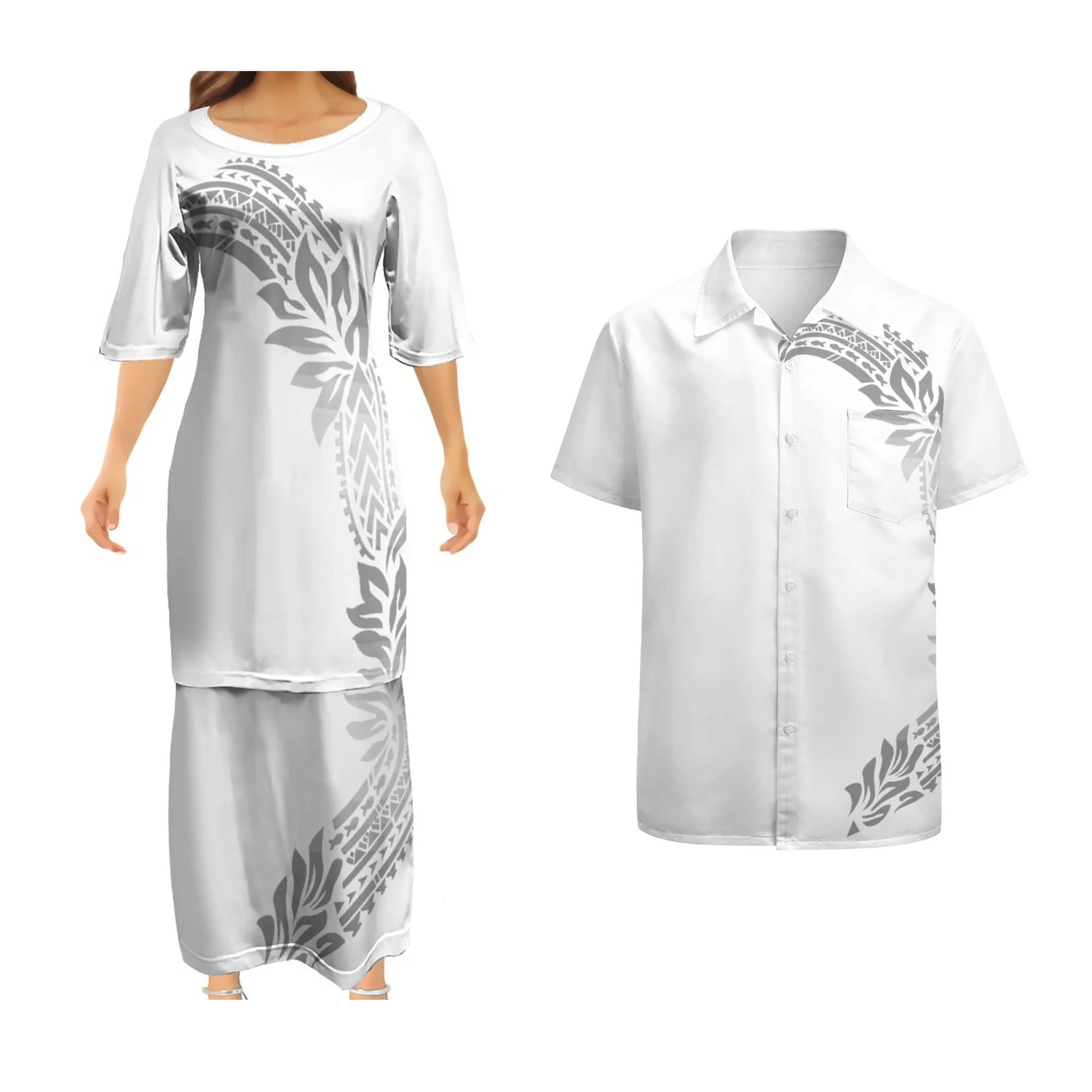 New Custom White Sunday Polynesian Samoan Puletasi And Mens Shirts Couple Clothes Womens Two Piece Set Church Uniform Ptaha