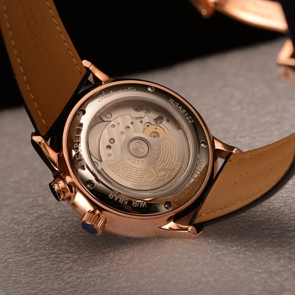Reef Tiger Luxury Brand Vintage Watch Men Rose Gold Brown Leather Strap Luminous Automatic Mechanical Watches RGA9122