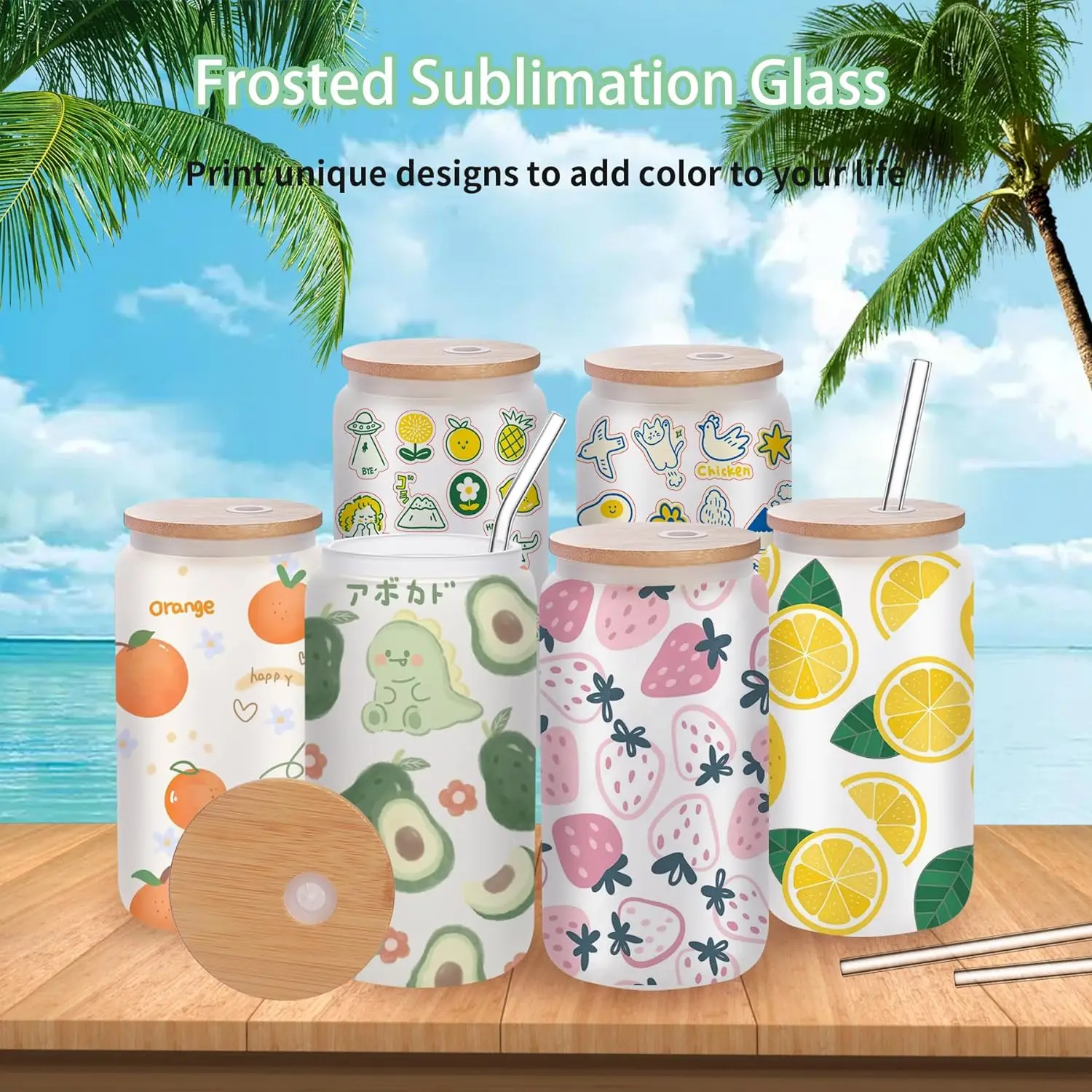 Factory Direct Sale Food Grade Custom Christmas Pattern Design 16Oz Sublimation Glass Can With Bamboo Lid