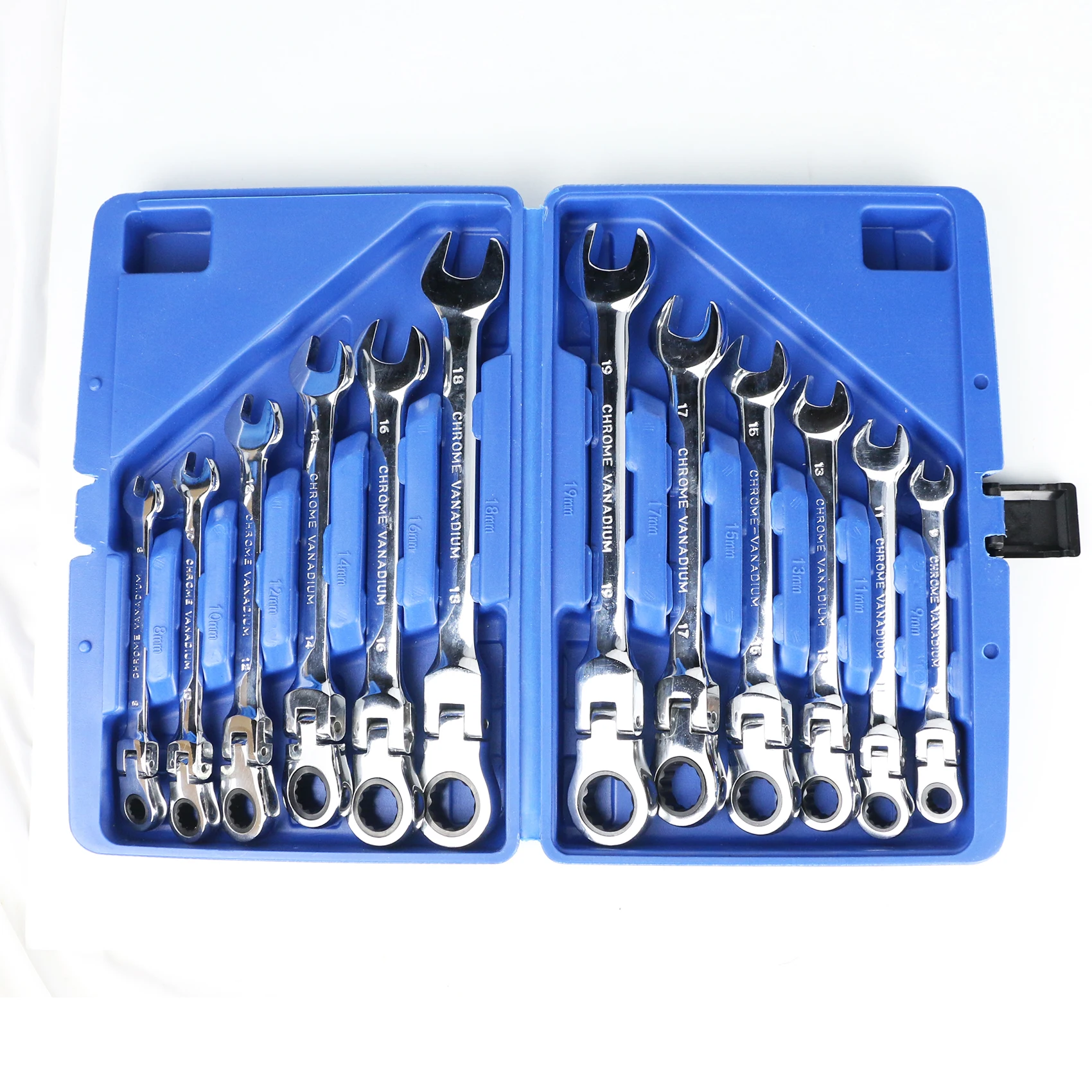SUGETOOLS 12pcs 8-19mm repair tool flex-head metric ratchet wrench spanner set with box organizer