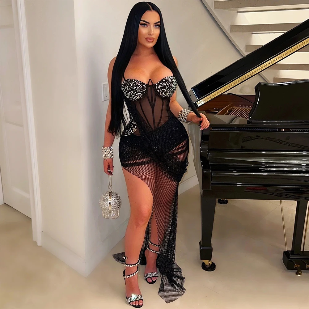 CY901098 Chic Concert Dress Corset Strap Bra Cocktail Club Party Mesh Dresses With Rhinestones