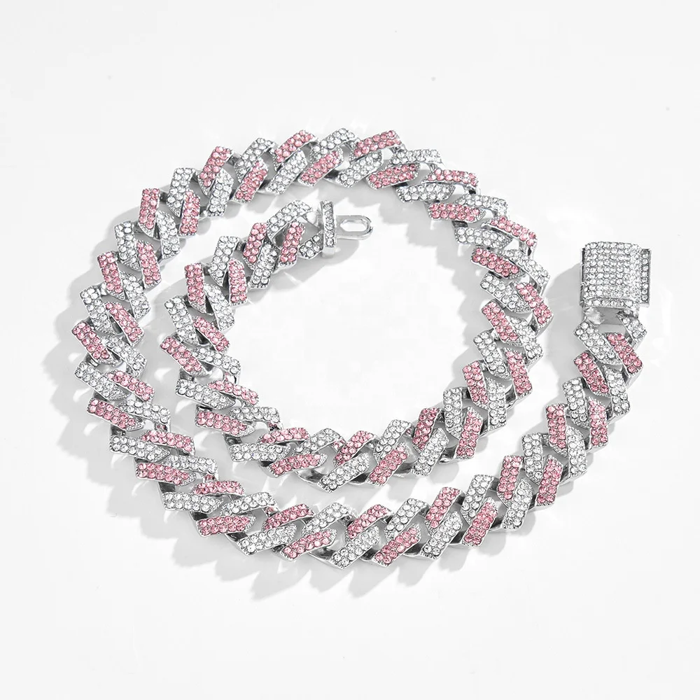 2021 Winter New15mm Hip Hop Color Necklace heavy link chain hiphop full diamond pink white Cuban chain