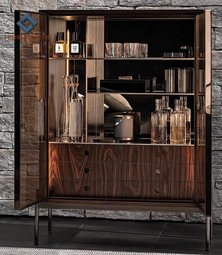 Luxury vertical glass door wood frame wine cabinet bar living room furniture with stainless steel legs
