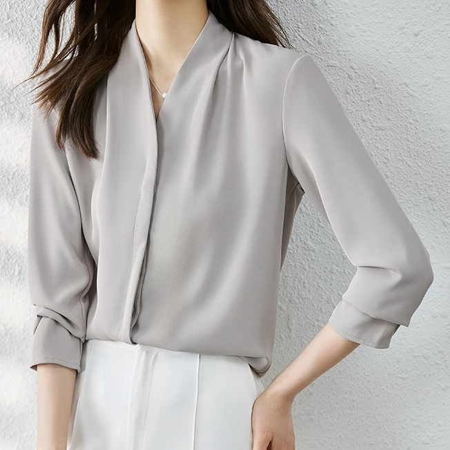 Autumn New High End Korean Versatile Elegant V-neck Office Women Fashion Long Sleeve Shirt