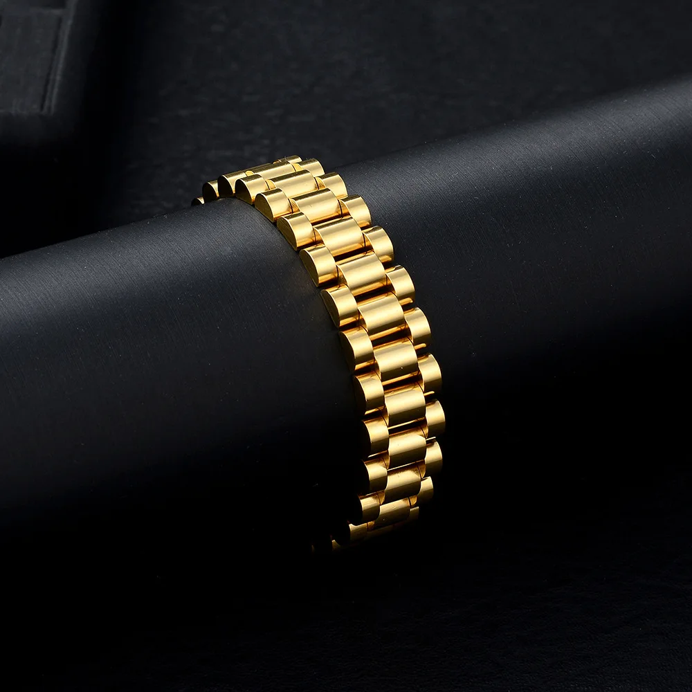 2024 Waterproof No Tarnish 8 10 12 15MM Wide Watchband Women Men 18K Gold Plated Stainless Steel Chain Link Bracelet