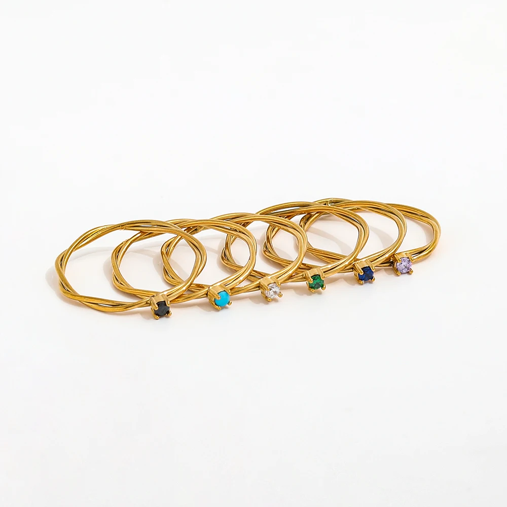 Joolim Jewelry Wholesale 18K Gold Plated Rope Double-layer Mini Colorful CZ Stainless Steel Rings for Women Rings