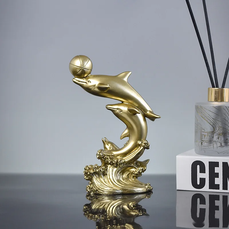 resin craft small dolphin sculpture for home office decorative artificial gold resin dolphin statue figurine art home decor item