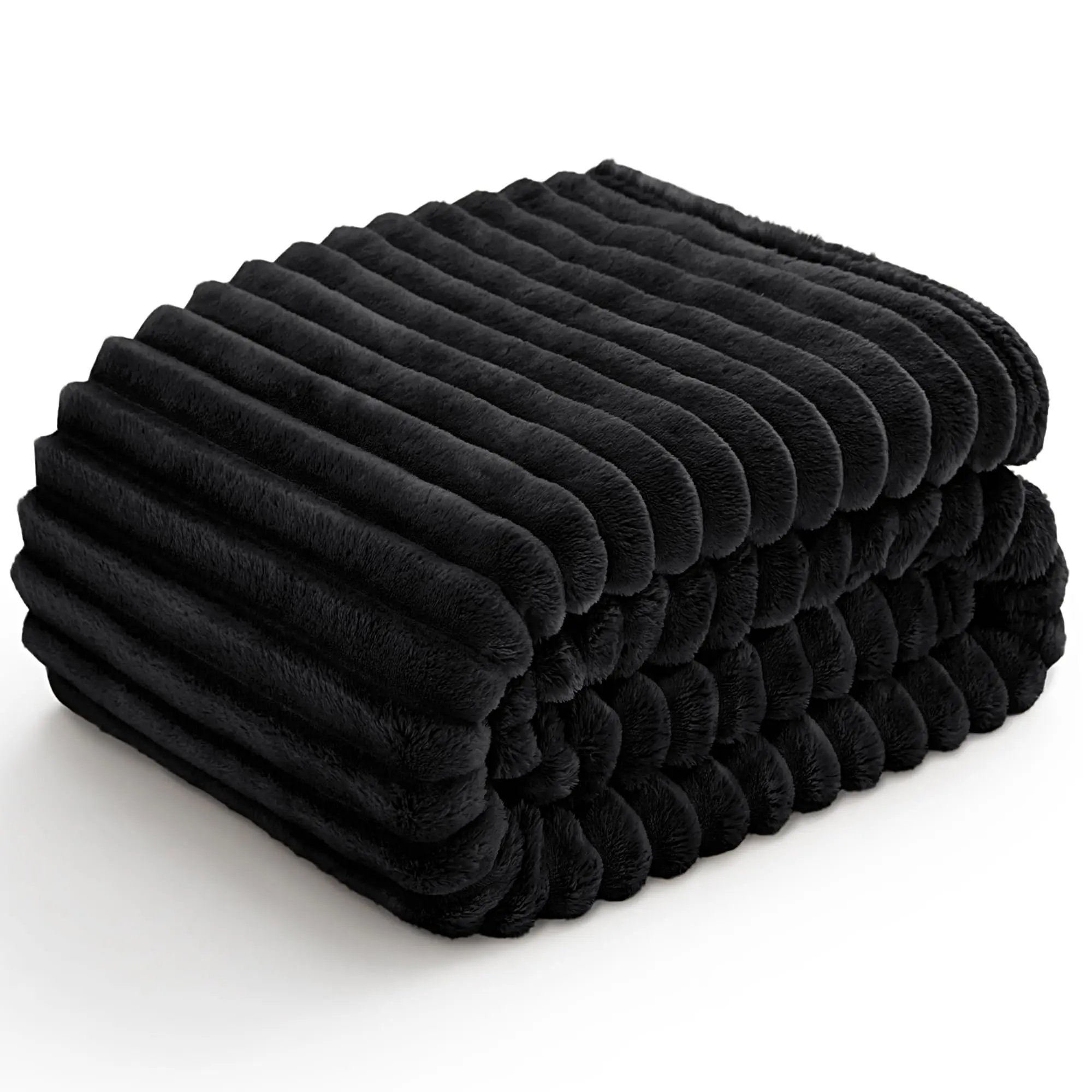100% Polyester 3D Ribbed Striped Black Flannel Blanket Soft Warm Decorative Fluffy Throw for Couch Knitted 100% Plush