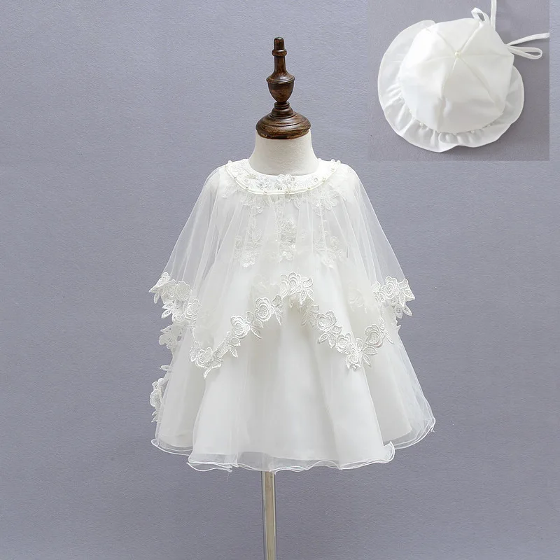 Fashion White Lace Net Yarn Sleeveless Babies Baptism Dresses 6-12 Months Old
