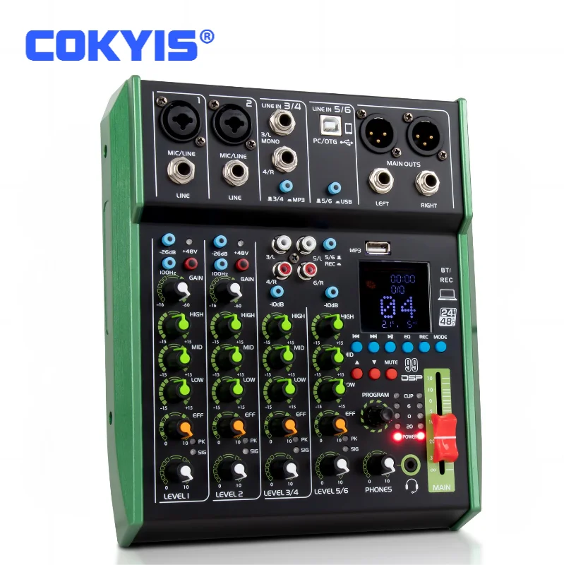 Best Metal 6 Channel Audio Sound Card Mixer Studio Home DJ Recording Controller with 48V Phantom Power