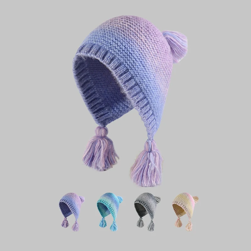 New Fashion 2024 Winter Hats Knit Beanie Soft Warm Fleece Lined Long Ear Straps Snow Ski Cap with Pompom for Women