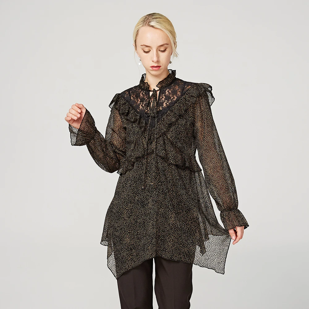 Женская блузка из флока с оборками, Повседневная шифоновая кружевная блузка из 713681 полиэстера с оборками, 100%