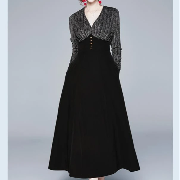 Hot Sale long sleeve V Neck elegant maxi dresses women empire slimming style buttons decoration umbrella dresses