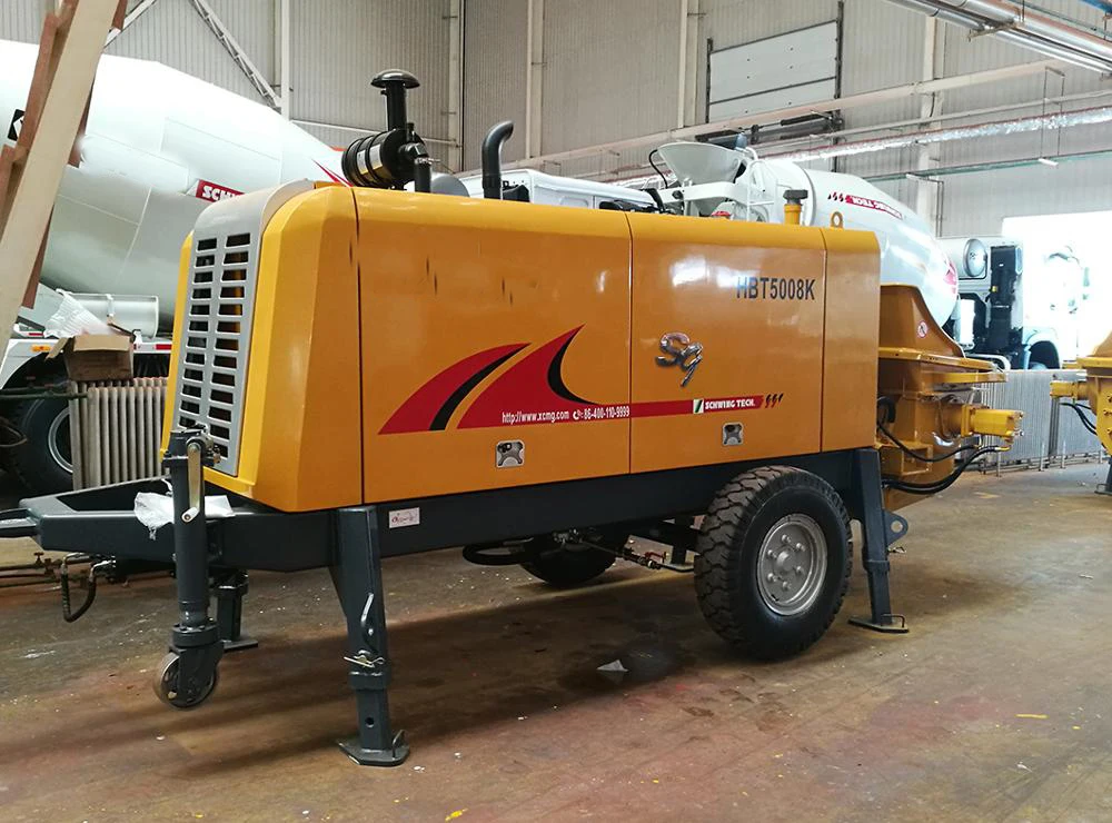 Chinese Hot Sale HBT5008k New Mini Mobile Concrete Machinery Concrete Mixer with Pump Productivity 50M3/H