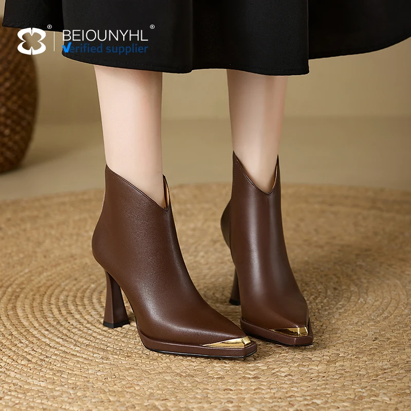 Genuine Leather Autumn Winter Heeled Boots Fashion Ankle Booties Sexy Thin High Heel Metal Pointed Toe Brown Booties