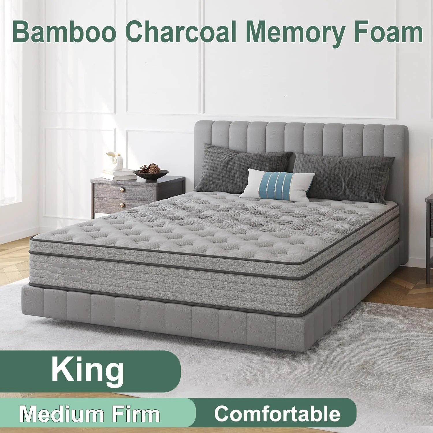King Queen Mattress Bamboo Charcoal Memory Foam for Cool Sleep Pressure Relief Hypoallergenic Foam Mattress Bed in a Box