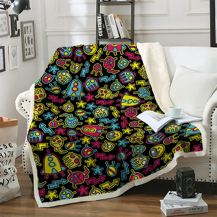 
Yutong Space And Aliens Pattern Blanket For Couples Microfiber Sherpa Throw Blanket On Bed Black White Thin Quilt Bedding 