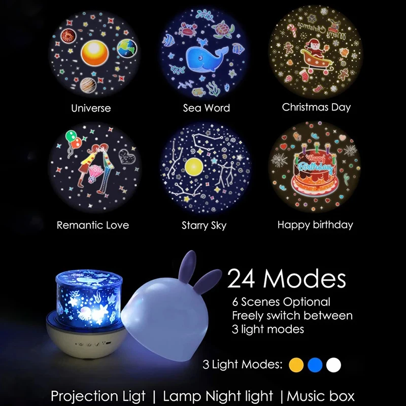 Mini Night Light Music Rabbit Projection Lamp USB Charging Starry Led Sky Projector Lamp