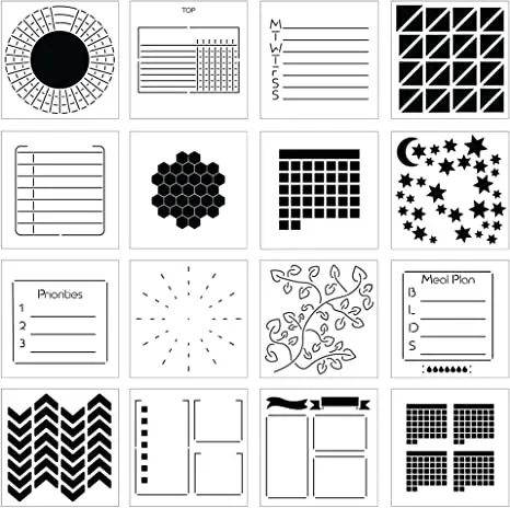 Portable Planner Stencils - x16 Small Square Journal Stencils with Templates for Habit Trackers, Calendars, Checklists, Meal Pla
