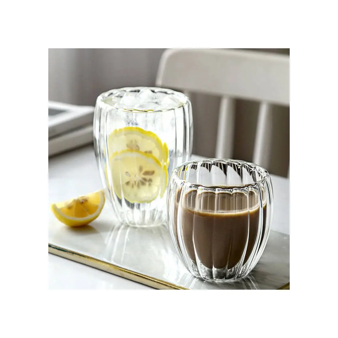 Кружки для воды с вертикальными полосами, кружки из боросиликатного стекла с двойными стенками