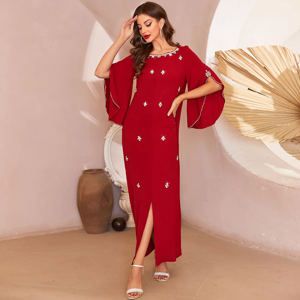 Middle East robe Dubai Clothing wholesale red long sleeve V-neck dress Eid Muslim ball dress