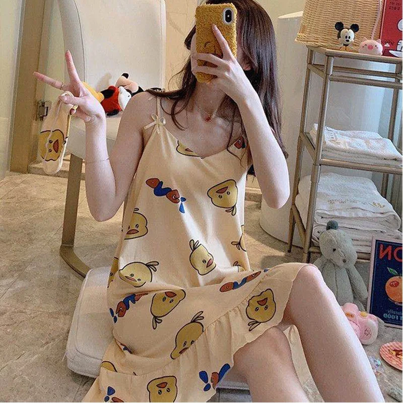 Summer Nightdress Lady With Chest Cushion Sling Loose Milk Silk Sexy Korean Sweet Women Home Wear Clothes