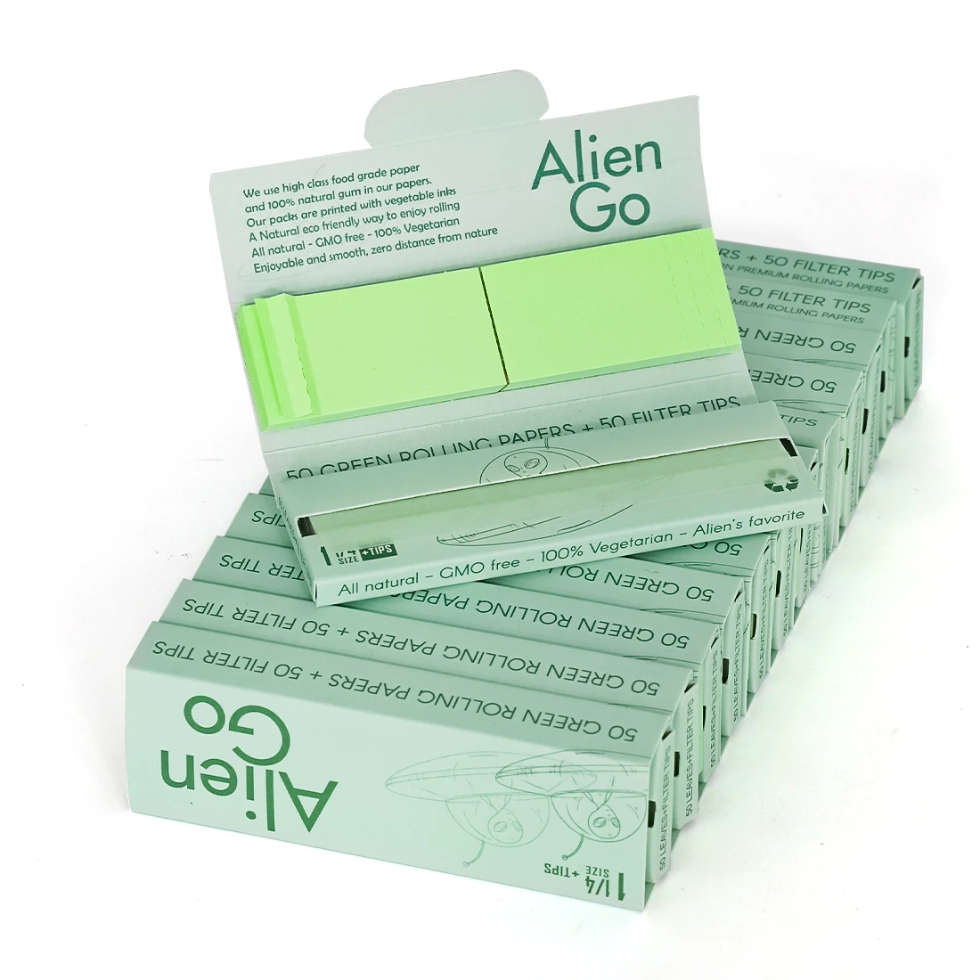 Alien Go Smoking Rolling Paper 1 1/4 Size Organic Green Paper 50 Leaves with Filter Tip for Wholesale Custom Logo Smoking Paper