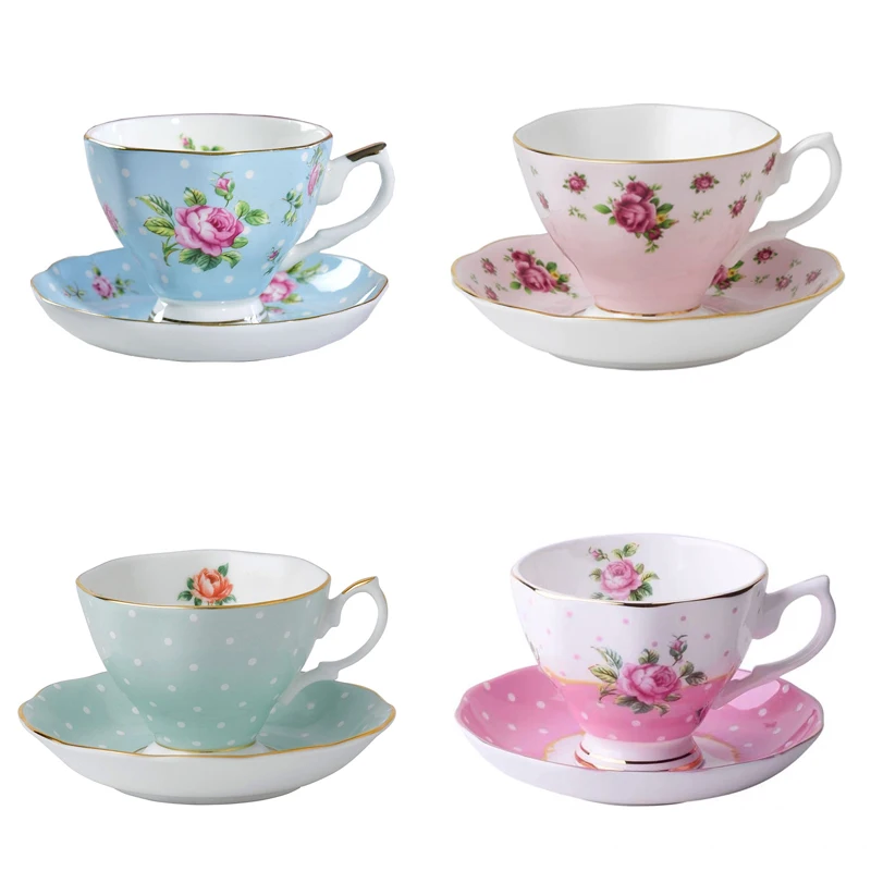 
High Selling Royal Albert Flower Printed Ceramic Coffee Red Tea Cups and Saucer Sets For Wedding Gift 