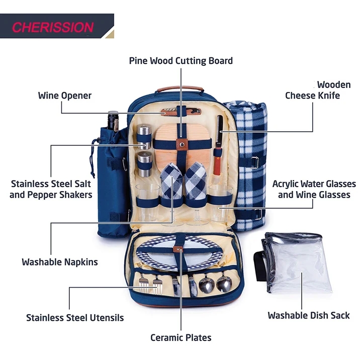 Insulated Picnic Backpack for 2 person | Cooler Compartment | Upgraded Picnic Set