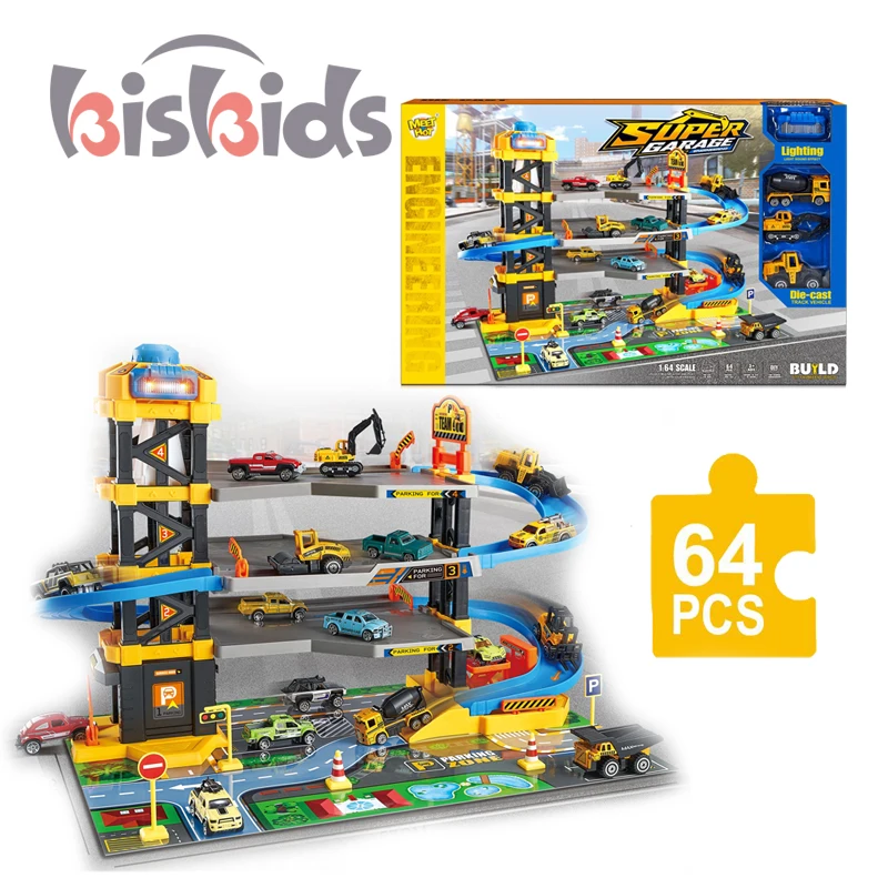 QS Hot New DIY Educational Electric Track Parking Lot 64 pcs diecast Car Set Elevator Garage Toys Set Kid
