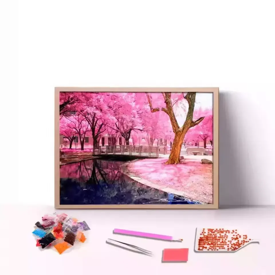 Custom Design Drill Pink Sakura Tree DIY Diamonds Paintings Kit for Kids
