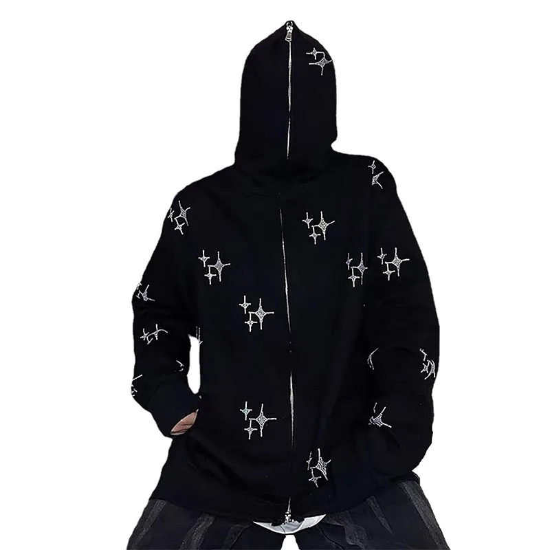 Hot Selling Gothic Hat Print Dark Trend Full Rhinestones Stars Street Hip Hop Dleece Full Zip Hoodie For Men