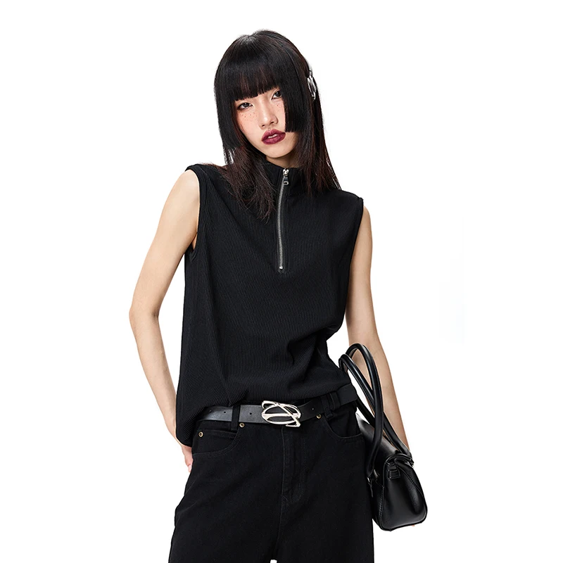 customized Your logo High Quality designer fashion front Zipper  Cotton Top Ribbed Knit Womens black Sleeveless vest