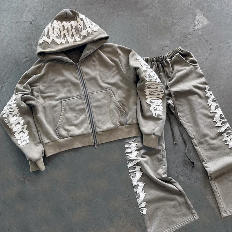 Fashion Custom Logo High Quality Vintage Oversized Hoodies Acid Wash Distressed Embroidery Applique Unisex Jogger Tracksuits