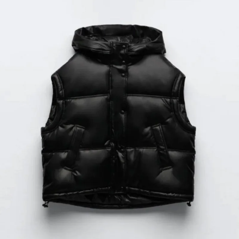 Fall/winter new hooded PU sleeveless straight tube loose ladies leather texture effect cotton-padded jacket waistcoat