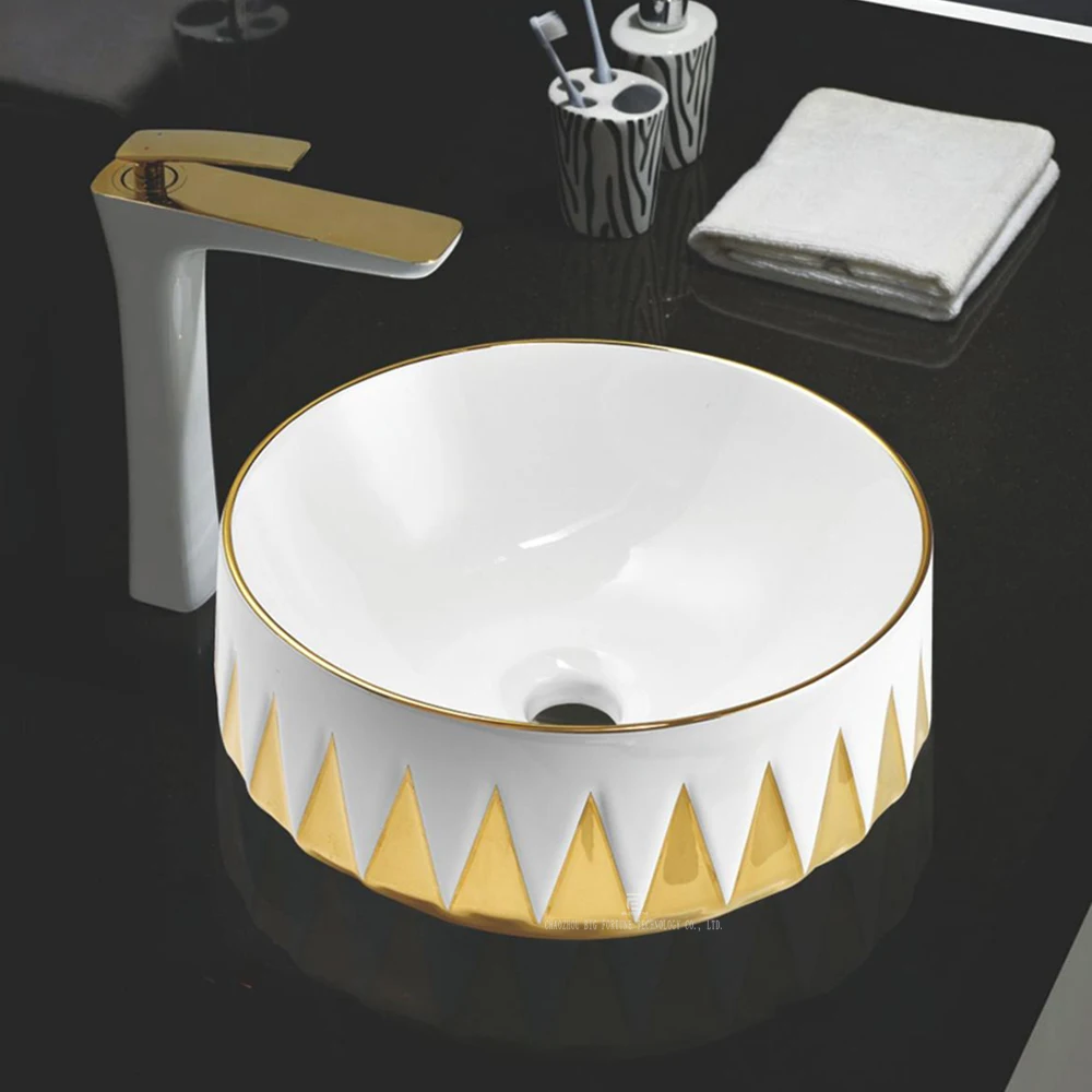 Роскошная гостиничная Золотая круглая раковина керамическая для ванной комнаты сантехника художественная