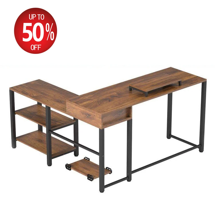 Vekin Home Office Furniture Wooden and Metal Computer Desk Modern Office L Shape Computer Table Writing Study Work Desk For Sale