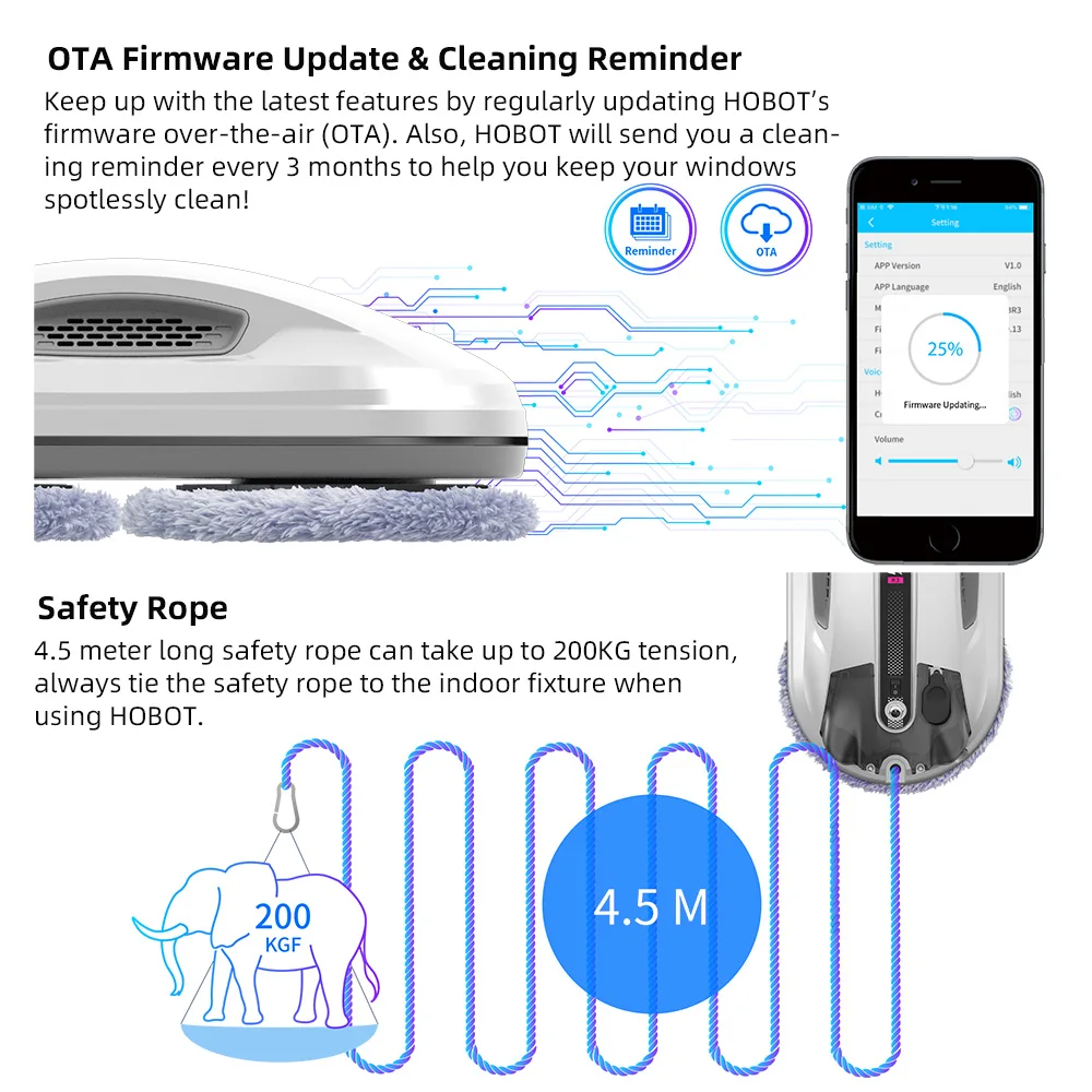 Hobot R3 Window Cleaner Robot,  Glass Smart APP WiFi AI Voice Remote Control Automatic Window Cleaning Robot with Ultra Spray