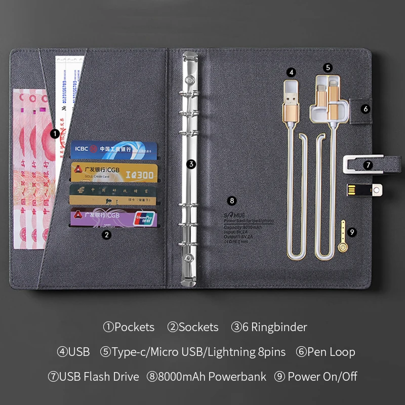 Hi-tech A5 red leather wireless charging notebook with 8000 mah powerbank and 16G USB flash drive