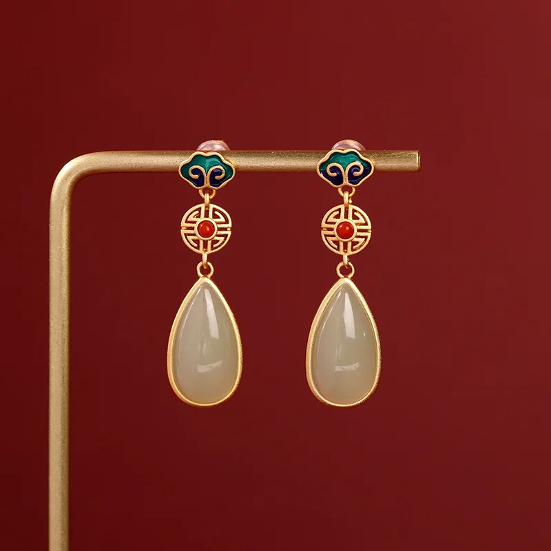 New Chinese Brass Earring Green Emeraled Silver Post Stud Copper Coin Shape Water Drop Trendy Hetian Jade Drop Natural Stone