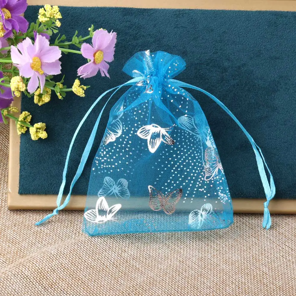 7x9cm Drawstring Silver Butterfly Organza Bag for Jewelry