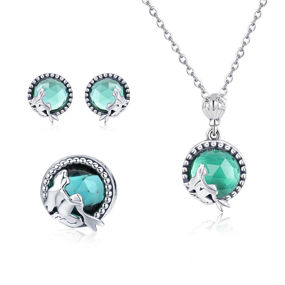 Mermaid Love S925 Sterling Silver Inlaid Round Glass Necklace Stud Earrings Beaded Jewelry Set