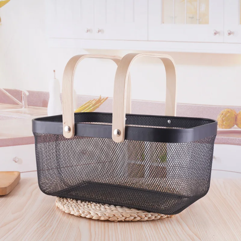 Picnic Wire Mesh Baskets Bread Food Vegetable Mesh Metal Wire Shopping Fruit Iron Baskets With Wood Handle