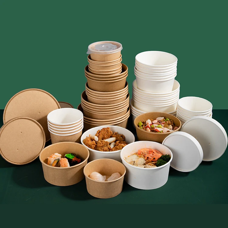 Disposable Round Takeout Waterproof Oil proof Packaging Container Soup Cup Kraft Paper Salad Noodle Bowl with PET Paper lid