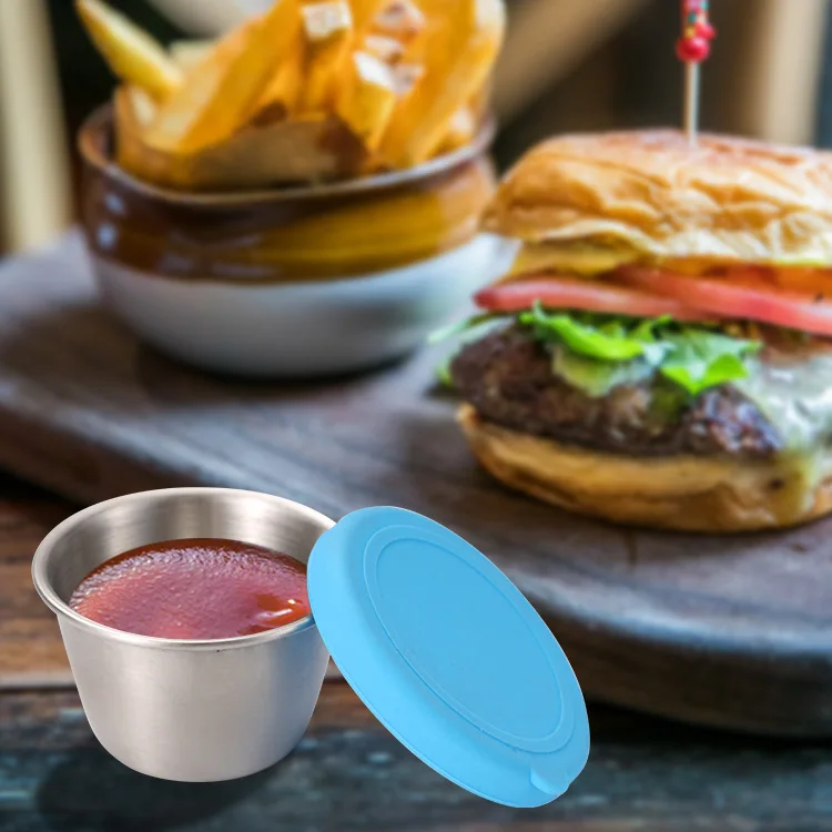 Leakproof Reusable 70ml 304 Stainless Steel Food Grade Sauce Cup with Silicone Lid Korean Seasoning Dipping Dishes
