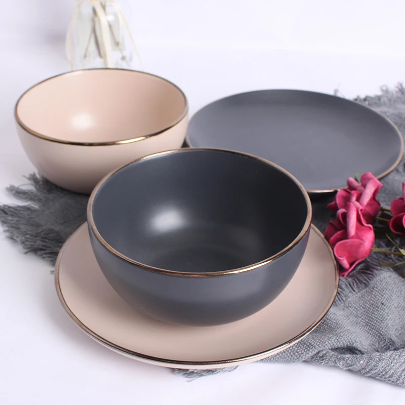 Antique Chinese Custom Luxury Fine Bone China Dinner Plate Set with Gold Rim Porcelain Dinnerware Set