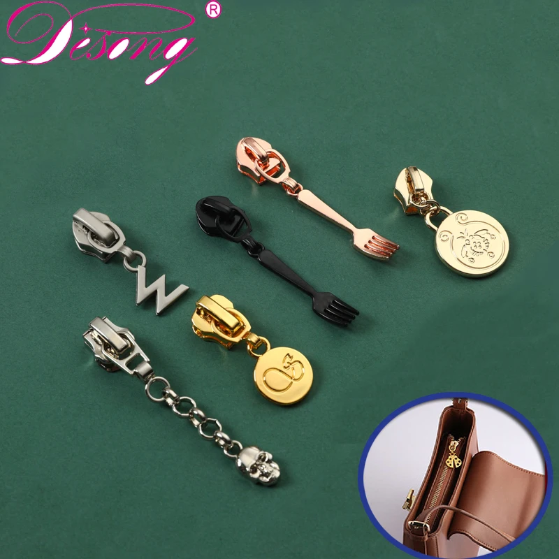Custom letters logo Auto lock zipper puller engraved logo metal replacement zip fastener puller